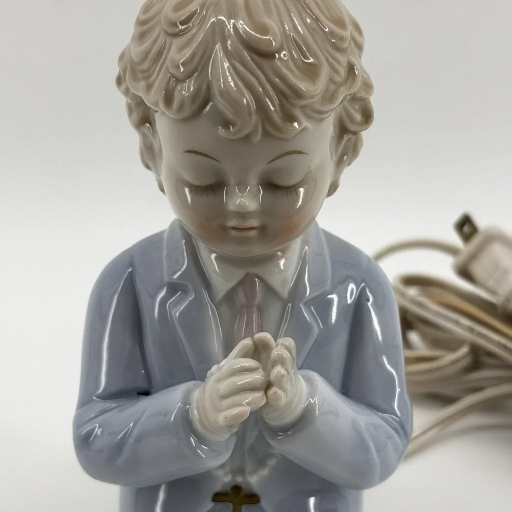 Vintage Nursery Night Light Bisque Porcelain Lamp Boy Praying Rosary